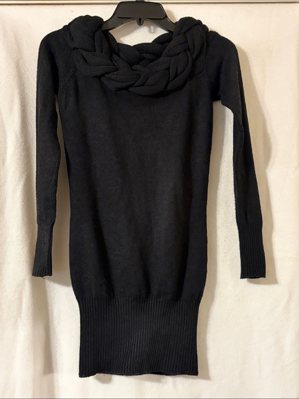 Braided Cowl Neck Black Knit Sweater Dress